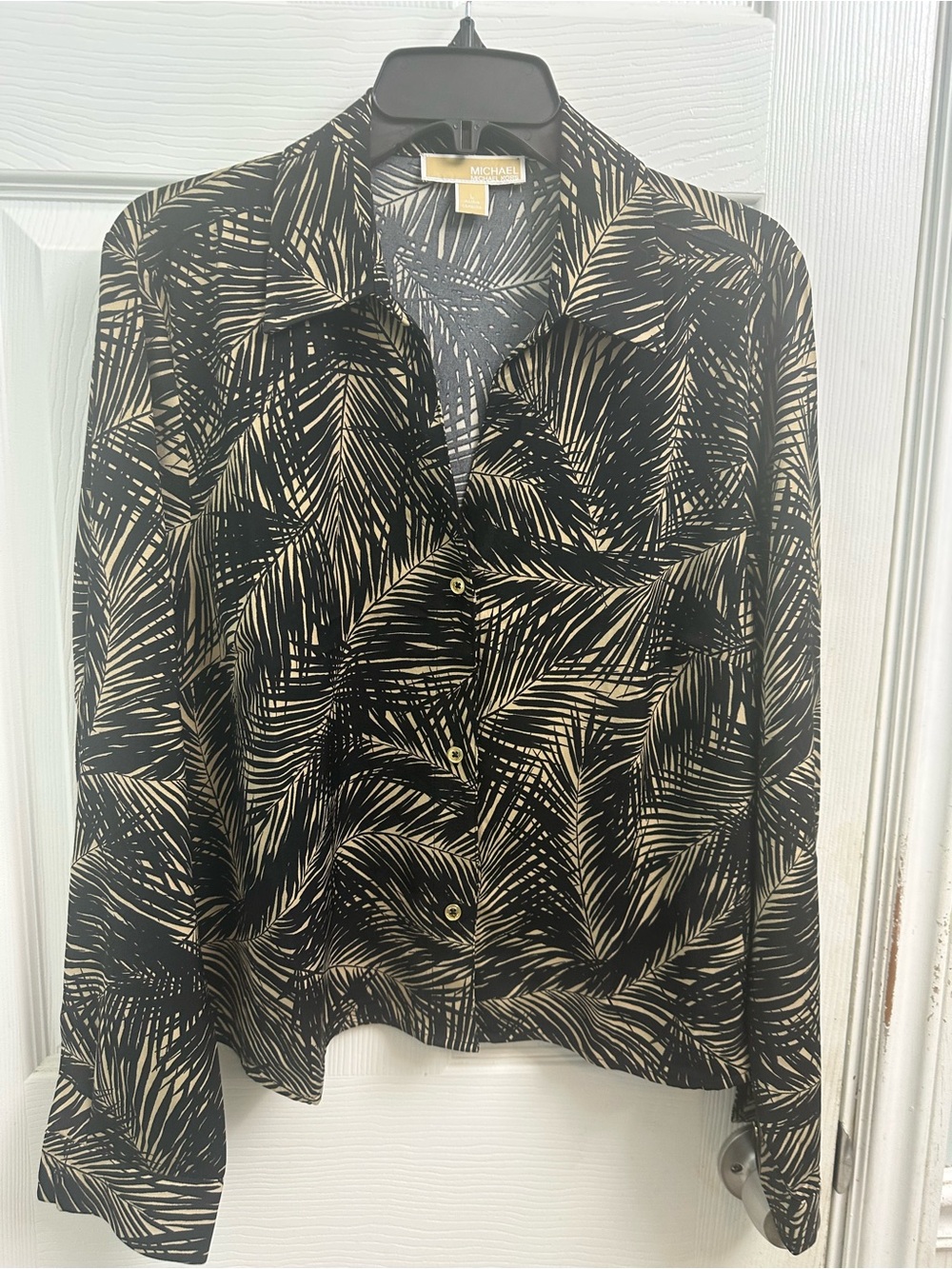 NWOT Michael Kors Black and Cream Palm-Print Button Down Blouse- Sz Large